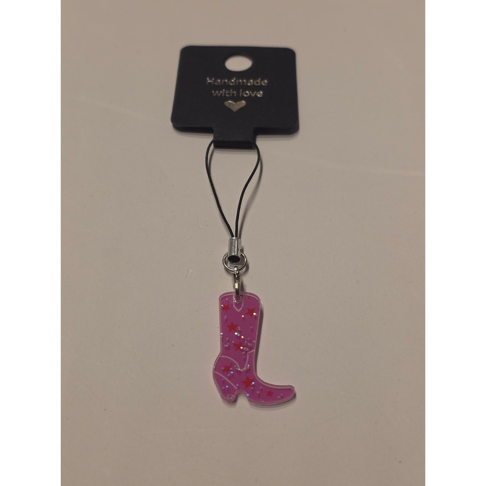 Sparkle Star Pink Cowgirl Boots Phone Charm Keychain Handmade